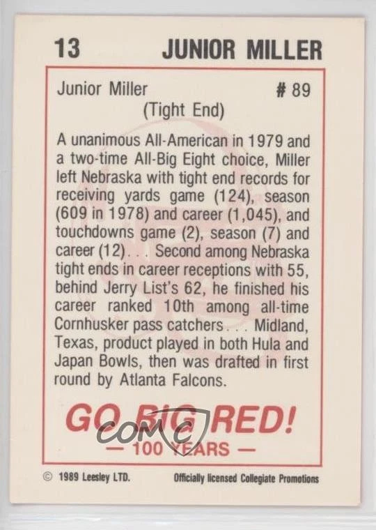 1989 Leesley Nebraska Cornhuskers Go Big Red Junior Miller #13 - Image 2 of 2