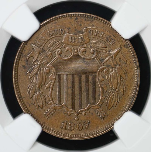 1867 DDO Two Cent Piece FS-101 2C NGC AU55BN - Picture 3 of 4