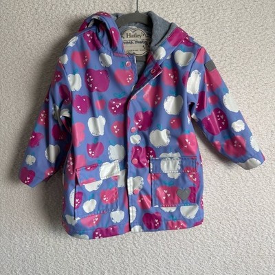Hatley Baby Terry Lined Purple Apple Heart Print Raincoat Size 3T