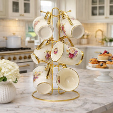 Vintage Floral Porcelain Tea Cups Set Gold Metal Stand 6 Cups Elegant Rose Desig
