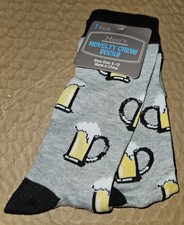 Mens Novelty Beer Mug Crew Socks Shoe Size 6-12 Gray/ Grey Black