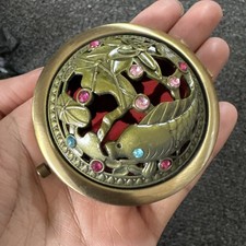 Brass Jeweled Enchanted Pond Compact Double Mirror Makeup Cosmetic Magnifying
