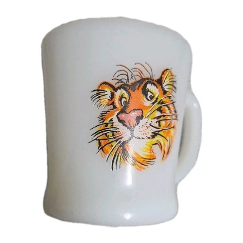 Vintage Fire King Esso Exxon Tiger Coffee Cup Mug White Milk Glass Gas Stations