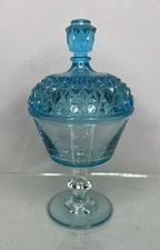 STUNNING! VTG!  Ice blue Aqua Glass covered candy/ Trinket dish W Lid