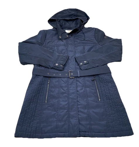 Giacca donna Michael Kors blu navy con cintura e cappuccio RN 79675 taglia large usata in ottime condizioni