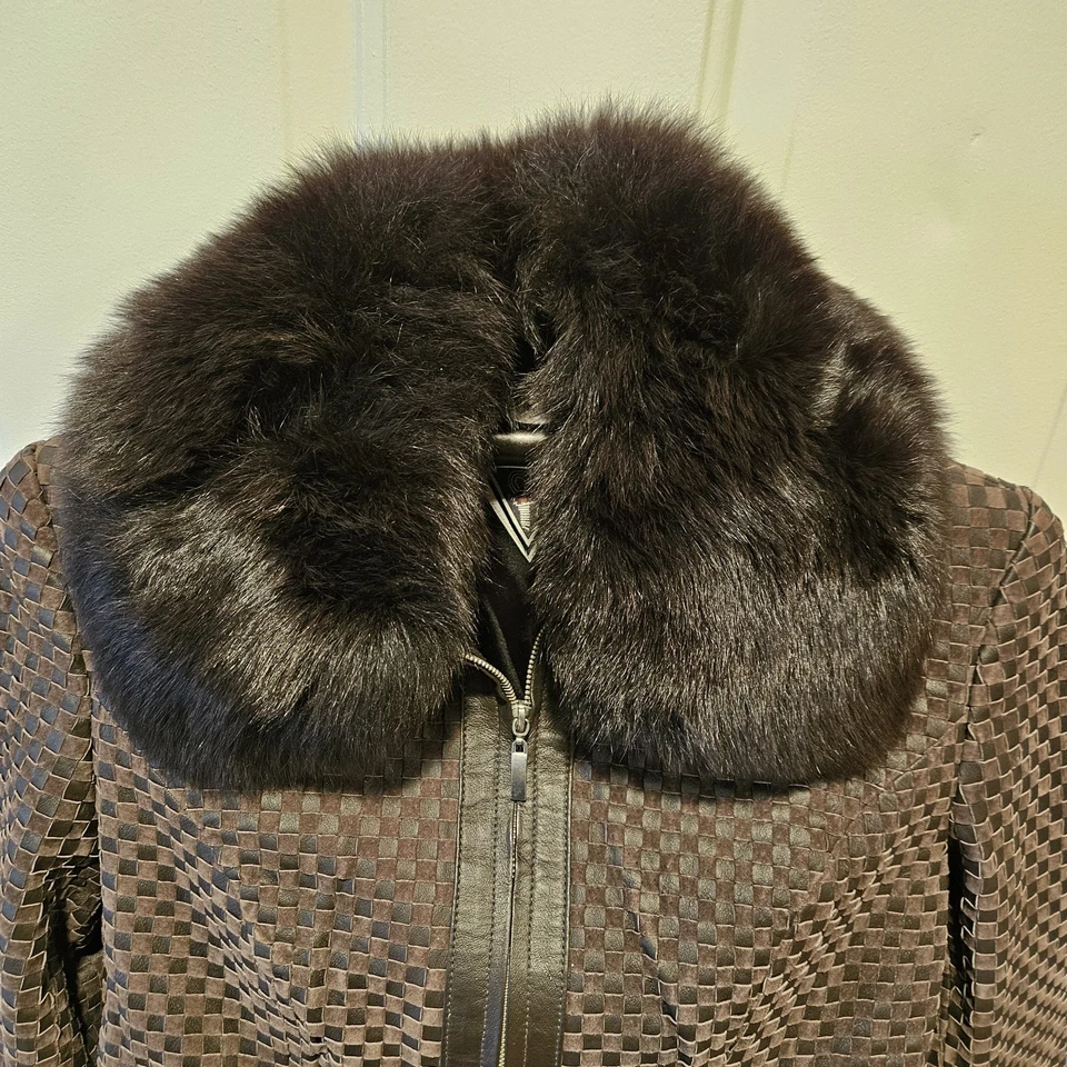 Chaqueta de cuero de gamuza tejida marrón Marvin Richards Rem cuello de piel de zorro azul mediano Foto 3 de 4