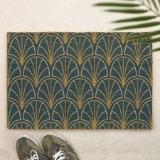 Art Deco Doormat Teal And Gold Fan Pattern Coir Door Mat Vintage Gift