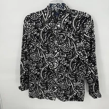 Westbound Womens XL Black White Paisley Button Front Blouse Wrinkle Free Cotton