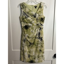 Ann Taylor 97% Silk Watercolor Green Cream Print Sleeveless Sheath Dress Sz 0
