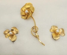 Vintage Turin Inc. 12KT GF Floral Brooch Earring Box Set 1960s USA Signed Pearl 
