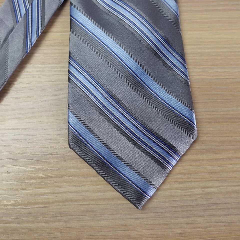 Corbata de cuello DKNY para hombre gris seda satinado a rayas boda informal diseñador lujo Foto 4 de 4