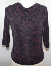 VTG Briggs Petite Black Cowl Neck Purple Glittey Paisley Top Womens L USA Made