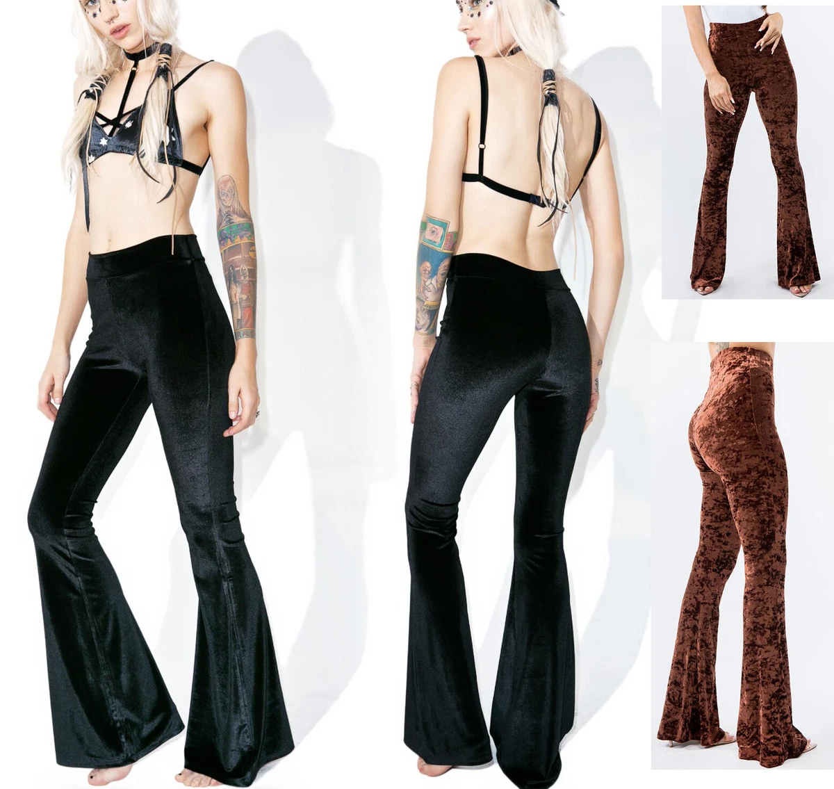 Plush Thick Velvet Bell Bottoms Pants High Waist Flared Leg Boho Hippie  Stretchy