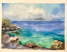 Seascape Watercolor Original Painting Island Ocean Artwork