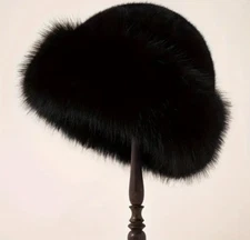 Women's Faux Fake Mink Fur Hat Mongolian Warm Beanie with Fluffy Fur Brim Black