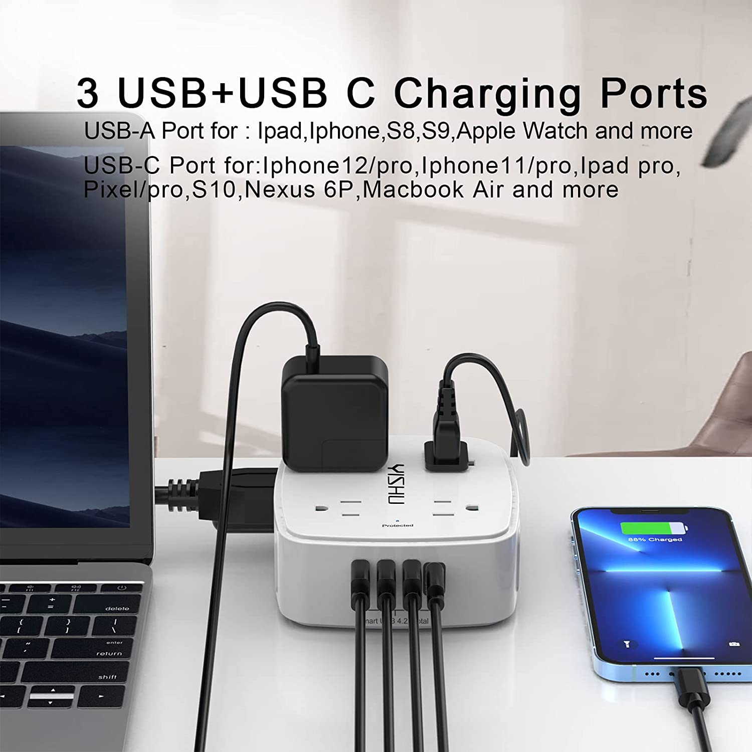 Surge Protector Power Strip  Outlet 6 Feet ExVoltage 4 USB Ports, 3 Side Outlet-image