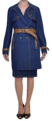 ABS by Allen Schwartz Denim Belted Double-Breasted Trench Coat Blue M