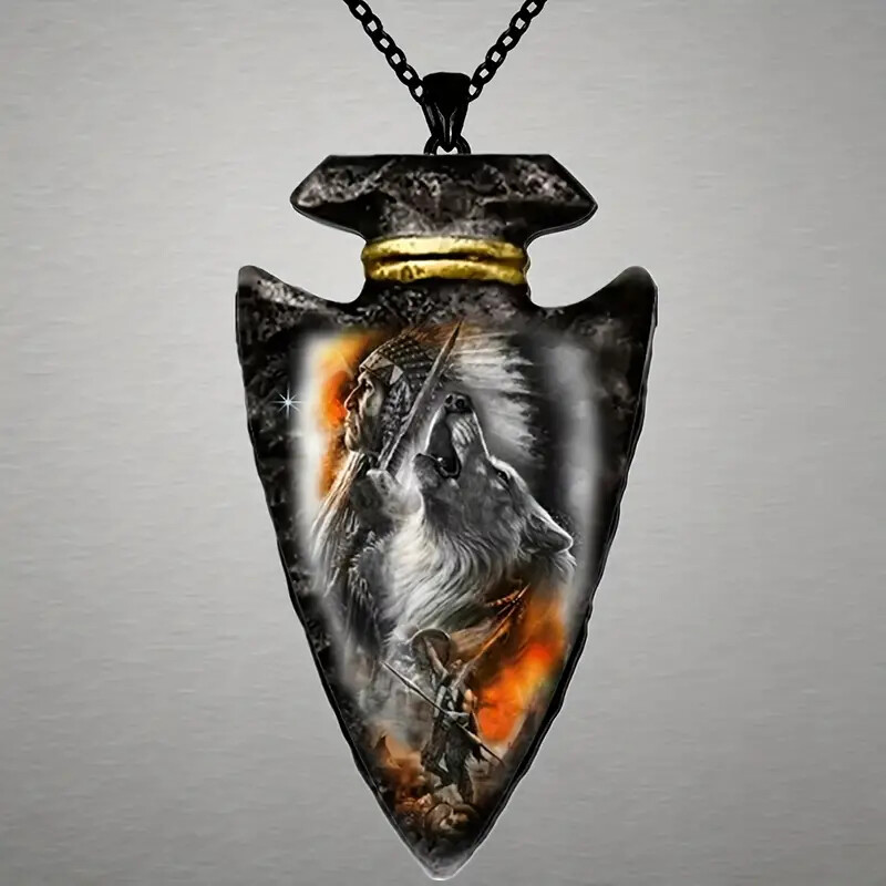Jungle King Chief And Wolf King Pattern Arrowhead Style Pendant