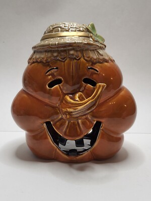 Halloween Pumpkin Face Stem Nose Porcelain Tea Light Candle Holder Seasonal