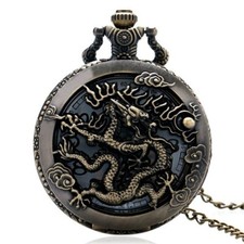 Steampunk Bronze Antique Chinese Style Dragon Pocket Watch Necklace Chain