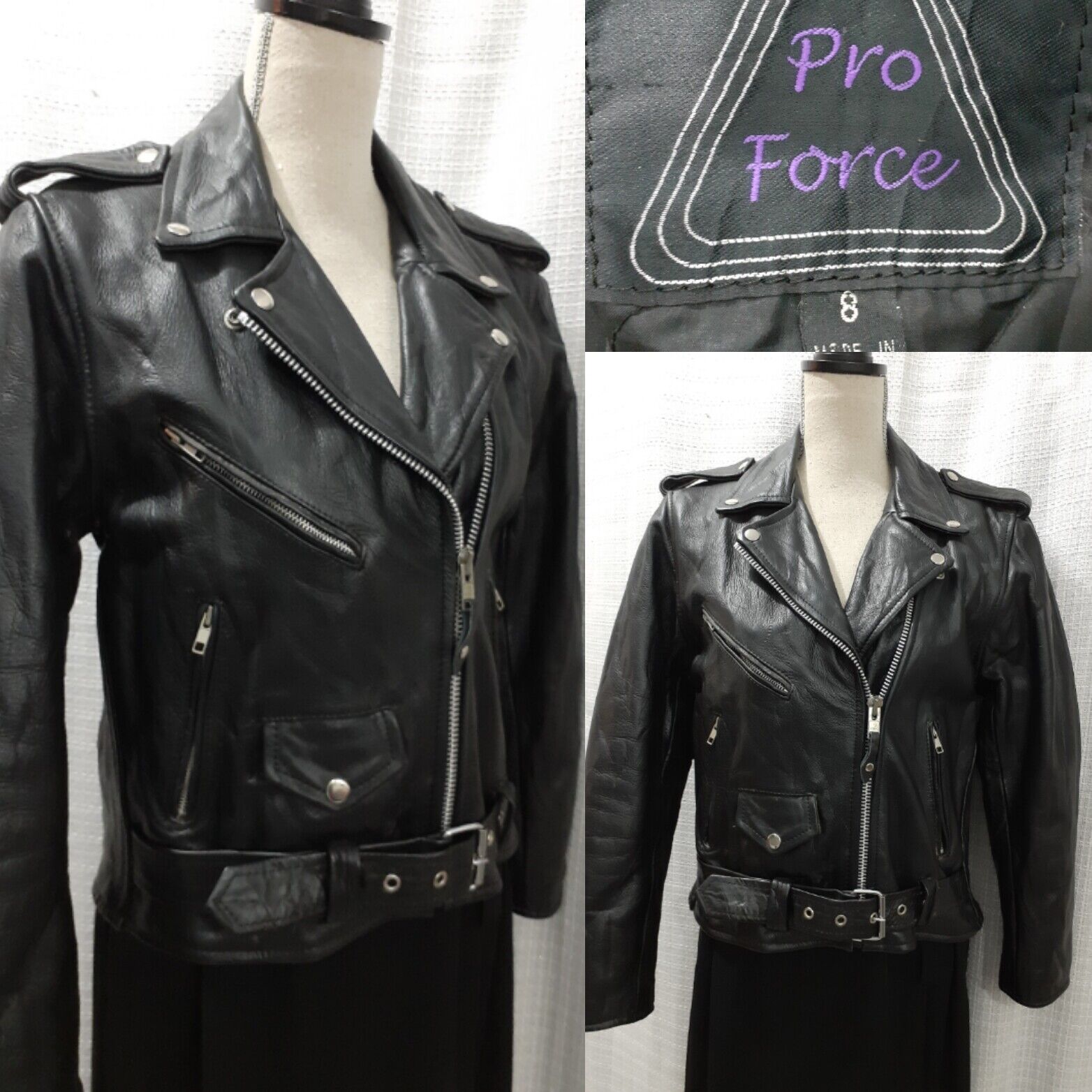 Vintage Pro Force Leather Women 8 Black Moto Biker Jacket Punk 80s 90s Sexy Cute