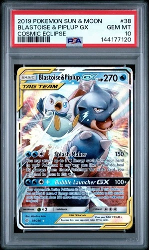 PSA 10 GEM MINT 2019 Blastoise & Piplup GX 38/236 Cosmic Eclipse Tag Team Holo