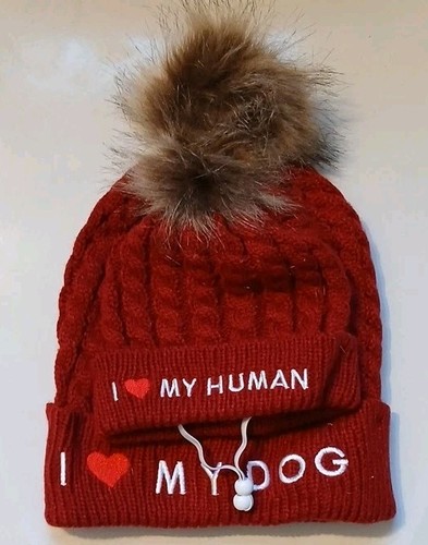 Red Dog & Owner Matching Winter Hats Set Love My Dog Warm Hat Pet Parent Mom Dad