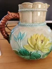 Victorian Pond Lily Majolica Pitcher Rope Handle 1880s. Earthenware Modality