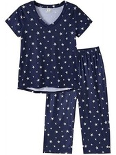Star Print Short Sleeve Pajama Set for Women Navy Lightweight V-Neck