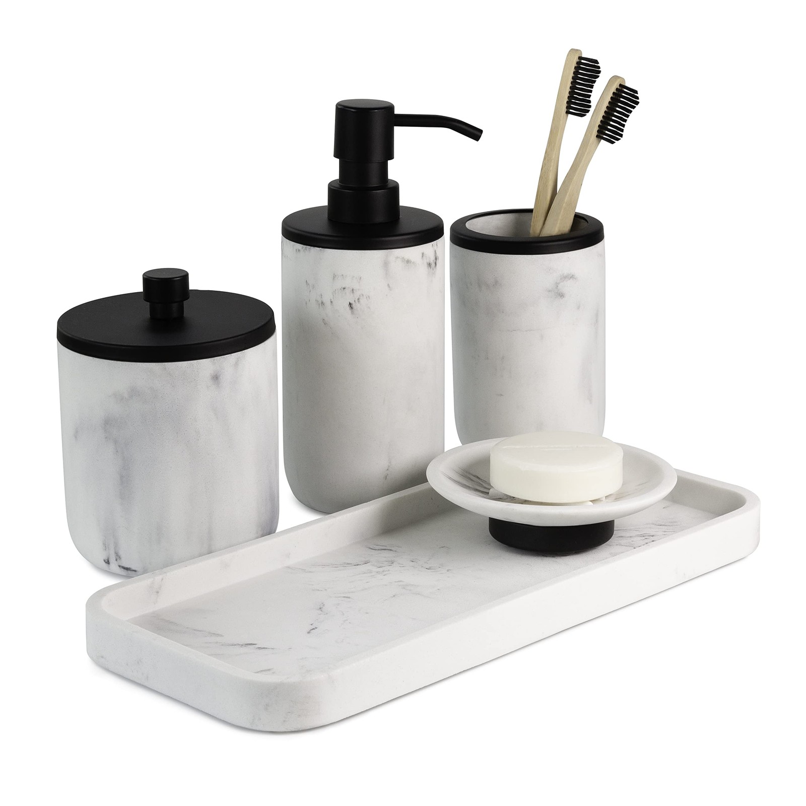 Marble & Matte Black Bathroom Accessories Set - Toothbrush Holder, Soap Dispe...