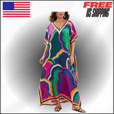Moroccan Print V-Neck Batwing Kaftan Plus Size Loose, Beach Dress Bathing Suit