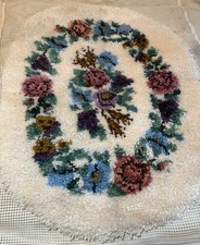 Oval Latch Hook Rug 28X37  Colorful Flowers On Creamy White Needs Hemming