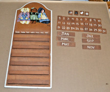 Vintage Wooden Wall Hanging Perpetual Calendar With 3 Painted Doll Figures
