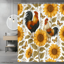 Sunflower Rooster Shower Curtain, Vintage Farmhouse Decor