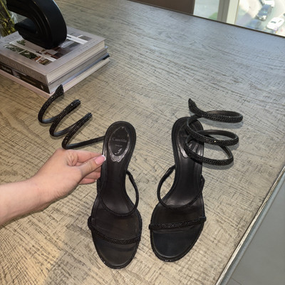 Rene Caovilla Margot Black On Black Crystal Ankle Wrap Strap Sandal Heel Pump 37