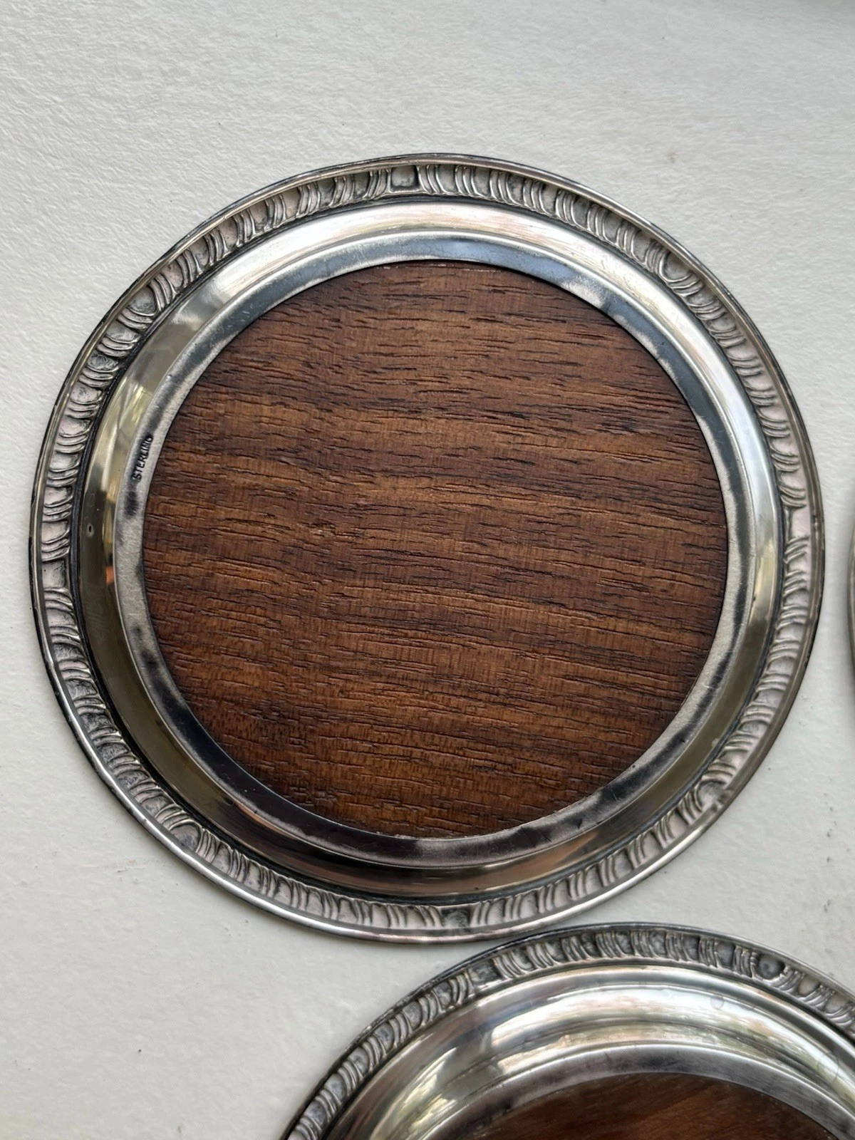Set Of 5 Vintage Sterling Trivets With Wood Centers 925 3.70” Wide - product detail image 3