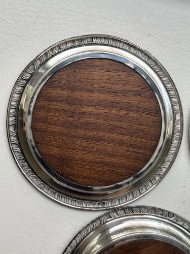 Set Of 5 Vintage Sterling Trivets With Wood Centers 925 3.70” Wide image 3