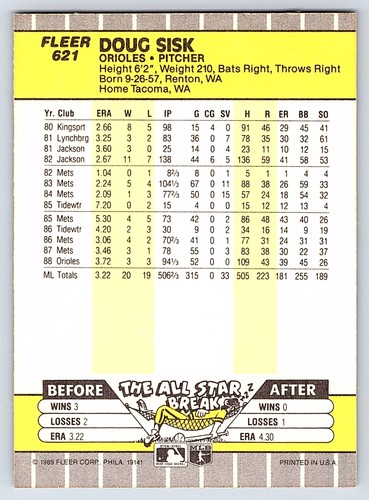 1989 Fleer #621 Doug Sisk Baltimore Orioles - Picture 2 of 2
