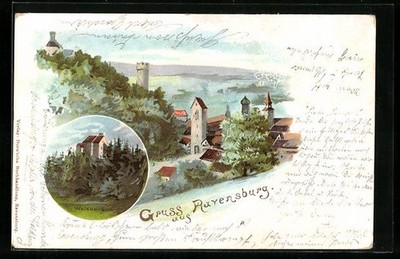 Lithographie Ravensburg, Panorama, Waldburg 1900 