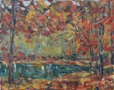 Art Original Oil Painting by RM Mortensen "Falling Leaves" Pond Autumn Trees