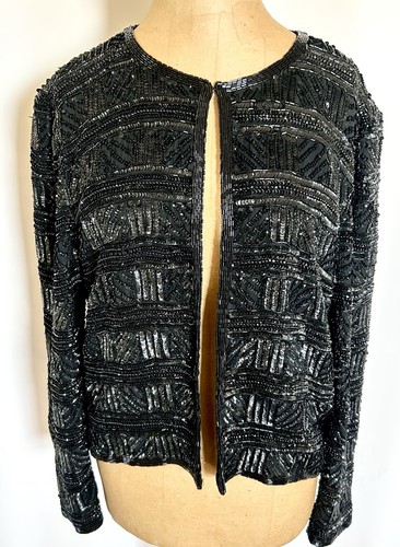 Vintage SCALA Beaded Silk Jacket 80s Sequin Art Deco Open Front Jacket S