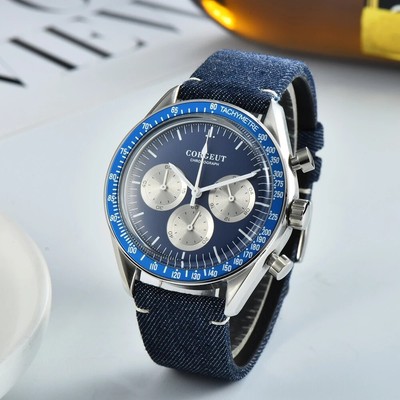 41mm Corgeut Mens Chronograph Quartz Watch 24-Hour Multi-function Blue Face VK63
