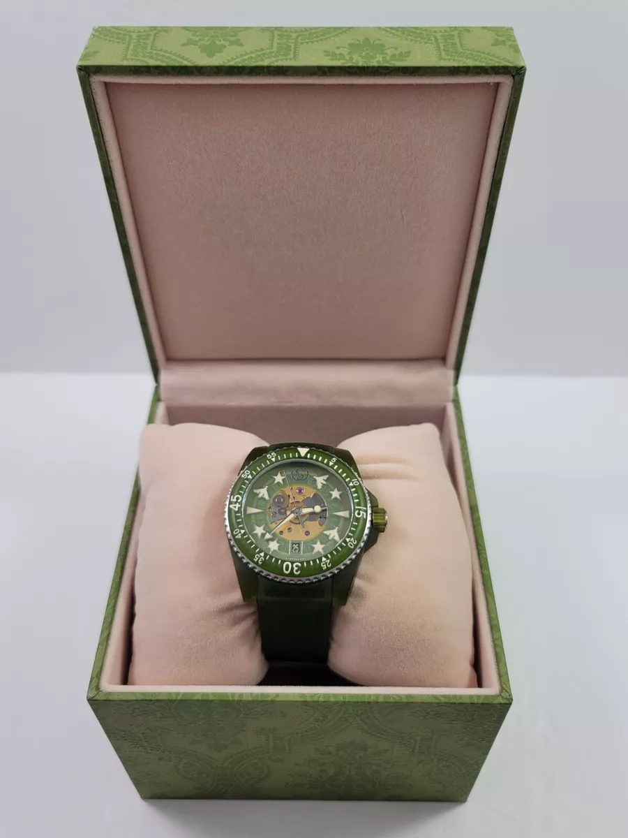 Gucci Dive SWISS Automatic Green Skeleton Dial Rubber Strap Watch 