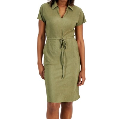 Alfani Womens Large Shirt Dress Olive Green Textured Drawstring Waist Short  Slv | eBay