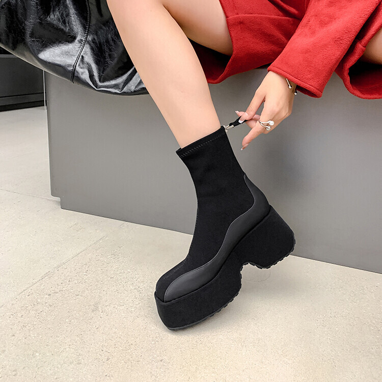 Women' 2024 Fashion Square Toe Zipper Platform Stretched Ankle