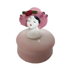 Pretty Box Jewelry Or Other Lid With Headboard Woman At Hat Pink