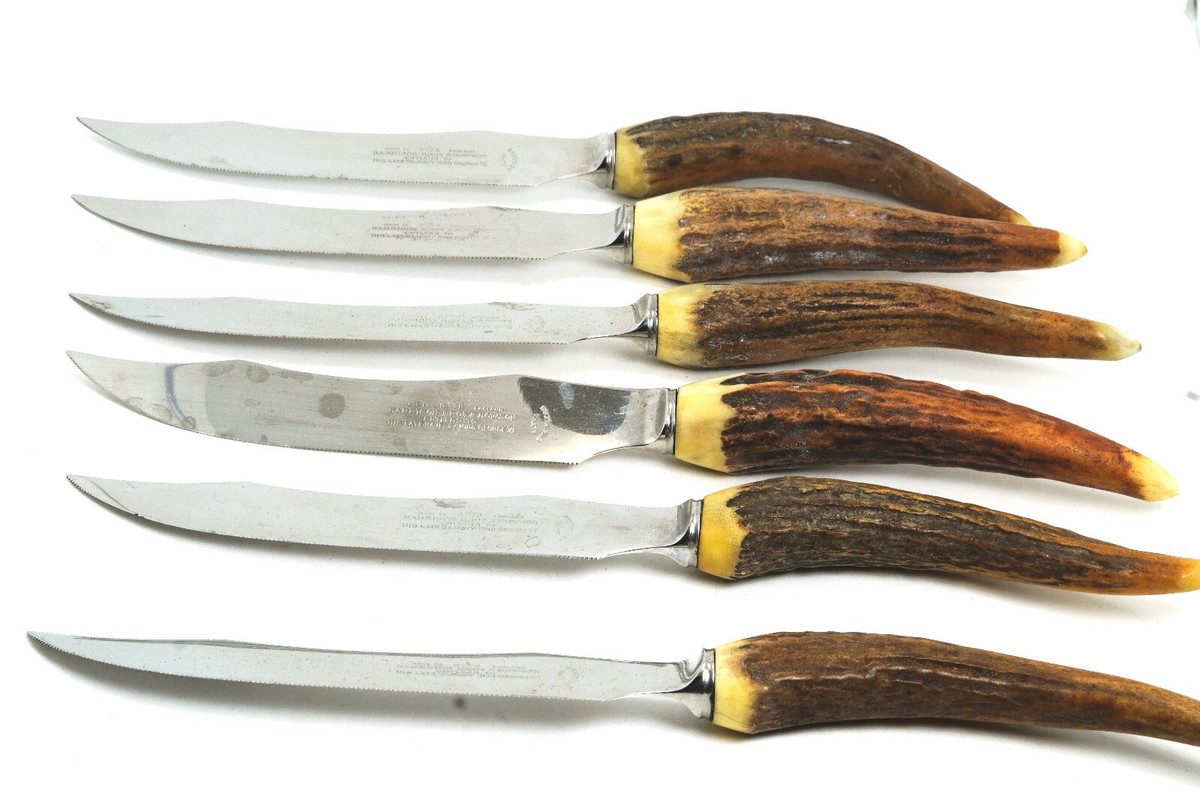 Vintage Harrison Bros & Hawson 6 Stag Handle Steak Knives