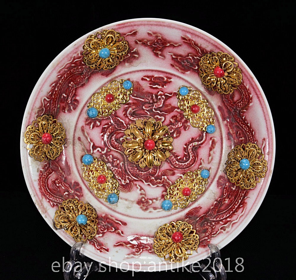 10" Yongle Chinese Underglaze Red Porcelain inlay Gold Gemstone Plate Tray