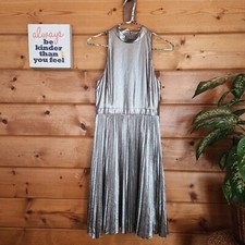 Ann Taylor Silver Lamé Accordion Pleated Mock Neck Party Dress Metallic Size 0