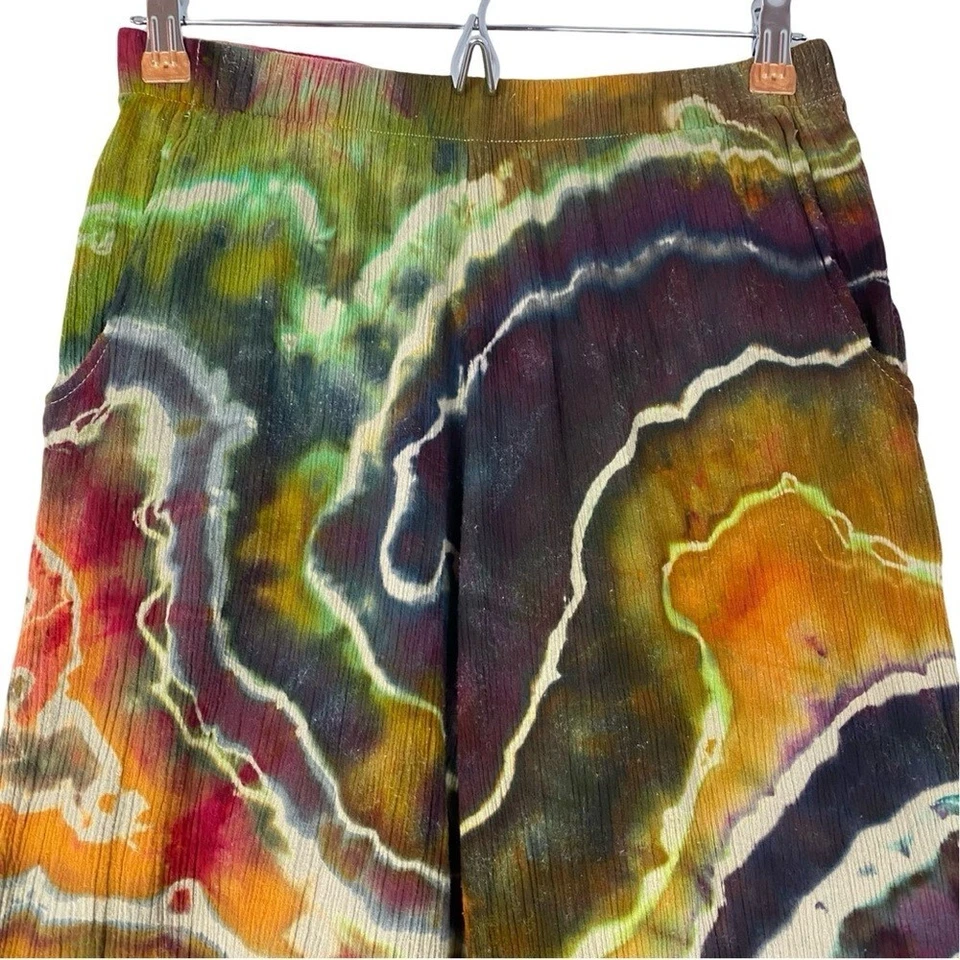 Pantalones Tie Dye Hechos a Mano Para Mujer Pequeños Geoda Culottes Capri Crops Dorado Púrpura Verde Foto 3 de 4